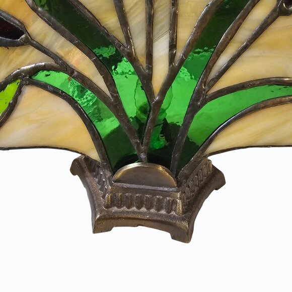 Vtg Stained Glass Cattails Tabletop Fan Lamp on Brass Base Tested Working FLAW - Picture 4 of 7